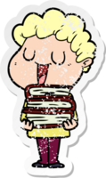 Distressed Sticker eines lachenden Cartoon-Mannes mit Büchern png