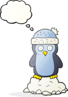 hand drawn thought bubble cartoon penguin wearing hat png