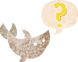 cartoon shark asking question with speech bubble in grunge distressed retro textured style png