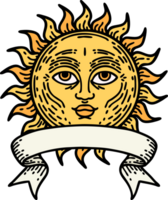 tatuaje tradicional con pancarta de un sol con cara png