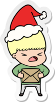main tiré autocollant dessin animé de une stressé homme portant Père Noël chapeau png