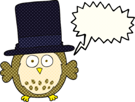 hand drawn comic book speech bubble cartoon owl wearing top hat png