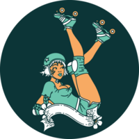 tattoo in traditional style of a pinup roller derby girl with banner png