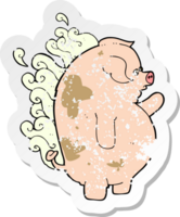 retro distressed sticker of a cartoon fat smelly pig png