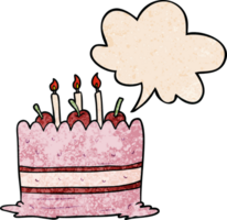 desenho animado aniversário bolo com discurso bolha dentro retro textura estilo png