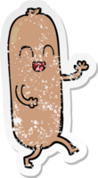 distressed sticker of a cartoon dancing sausage png