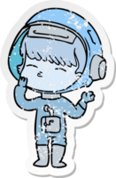 distressed sticker of a cartoon curious astronaut wondering png