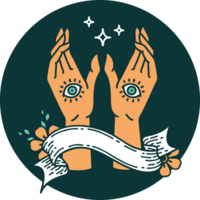 tattoo style icon with banner of mystic hands png