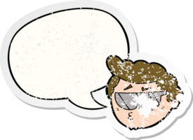 cartoon boy wearing sunglasses with speech bubble distressed distressed old sticker png