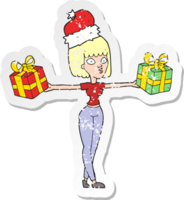 retro distressed sticker of a cartoon woman with xmas presents png