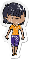 distressed sticker of a annoyed cartoon girl png