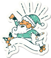 vieil autocollant usé d'un personnage de noël du père noël de style tatouage célébrant png