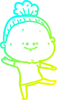 cold gradient line drawing of a cartoon happy old woman png