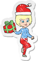 retro distressed sticker of a cartoon woman with present png