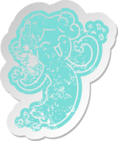 distressed old cartoon sticker of a happy pink ghost png