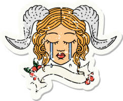 grunge sticker of a crying tiefling character face with scroll banner png