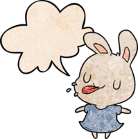 cute cartoon rabbit blowing raspberry with speech bubble in retro texture style png