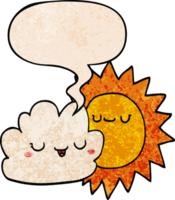 cartoon sun and cloud with speech bubble in retro texture style png