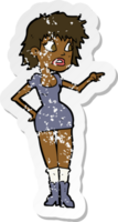 retro distressed sticker of a cartoon worried woman in dress pointing png