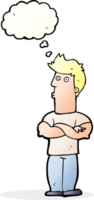 cartone animato uomo con piegato braccia con pensato bolla png