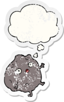 cartoon rock falling with thought bubble as a distressed worn sticker png
