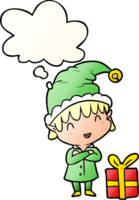 cartoon happy christmas elf with thought bubble in smooth gradient style png