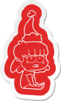 quirky cartoon  sticker of a tired woman wearing santa hat png