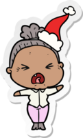 main tiré autocollant dessin animé de une en colère vieux femme portant Père Noël chapeau png