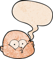 cartoon curious bald man with speech bubble in retro texture style png