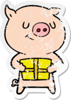 distressed sticker of a happy cartoon pig with christmas present png