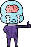 cartoon big brain alien crying but giving thumbs up symbol png
