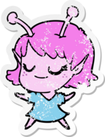 distressed sticker of a smiling alien girl cartoon png