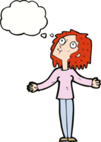 dessin animé femme curieuse regardant vers le haut avec bulle de pensée png
