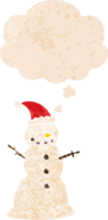 cartoon christmas snowman and thought bubble in retro textured style png