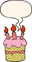 bolo de aniversário dos desenhos animados e bolha de fala no estilo de quadrinhos png