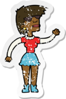 retro distressed sticker of a cartoon woman in spectacles waving png