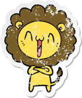 distressed sticker of a happy cartoon lion png