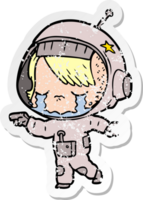 pegatina angustiada de una niña astronauta llorando de dibujos animados png