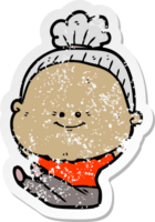 distressed sticker of a cartoon happy old woman png