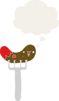 dessin animé saucisse et fourchette et bulle de pensée dans un style rétro png