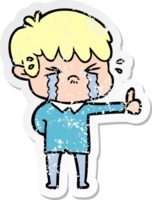 distressed sticker of a cartoon boy crying png