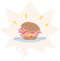 cartoon amazingly tasty bacon breakfast sandwich and cheese and speech bubble in retro style png