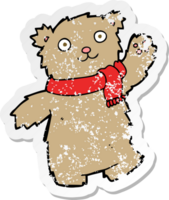 retro distressed sticker of a cartoon teddy bear wearing scarf png