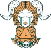 sad tiefling with natural one d20 dice roll illustration png