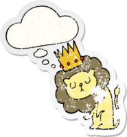 cartoon lion with crown and thought bubble as a distressed worn sticker png