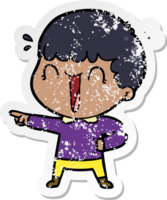 distressed sticker of a laughing cartoon man pointing finger png