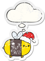 cartoon christmas bee and thought bubble as a distressed worn sticker png