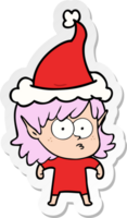 dessin animé autocollant d'une fille elfe regardant fixement portant un bonnet de noel png