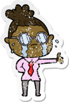 distressed sticker of a cartoon crying woman wearing spectacles png