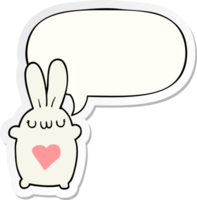 lindo conejo de dibujos animados y amor corazón y etiqueta engomada de la burbuja del habla png